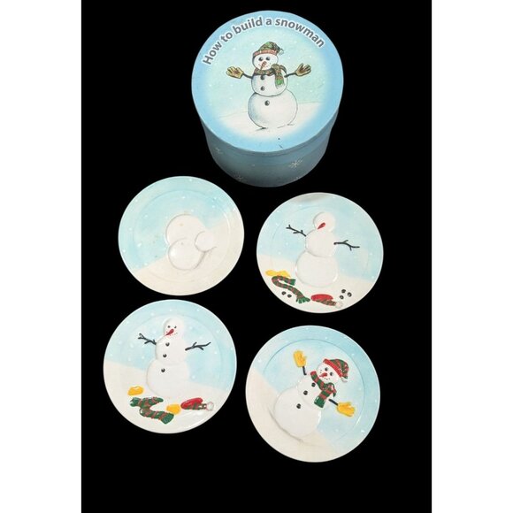 Mini "How To Build A Snowman" Plate Set Of 4 With Gift Box Adorable Winter Decor - Picture 6 of 7